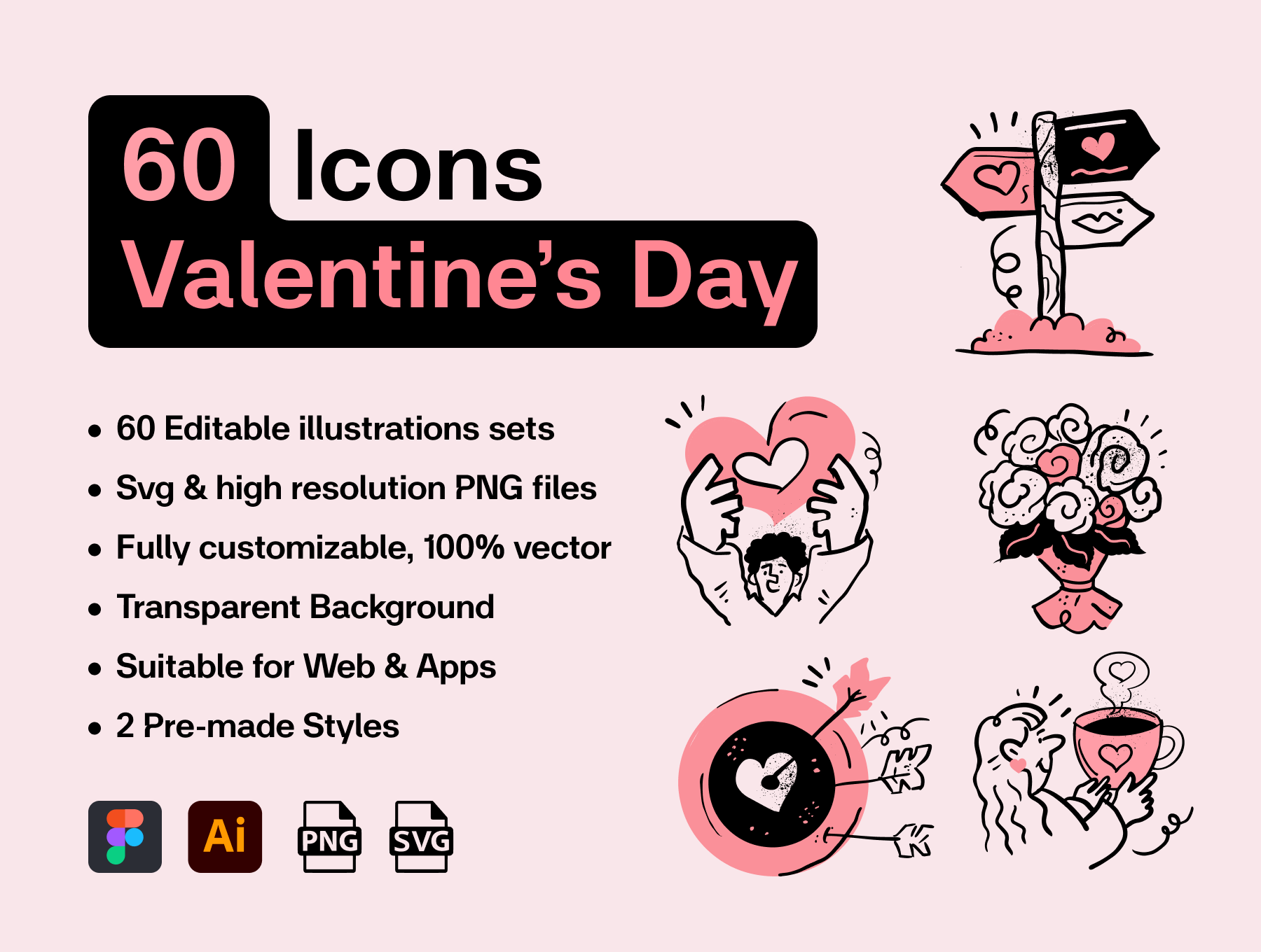 60 آیکون تصویرسازی عشق ولنتاین – Valentine Love Fintech Illustrations