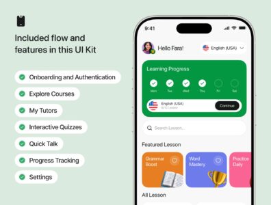 کیت رابط کاربری برنامه موبایل یادگیری زبان – Learna – Language Learning Mobile App UI Kit 