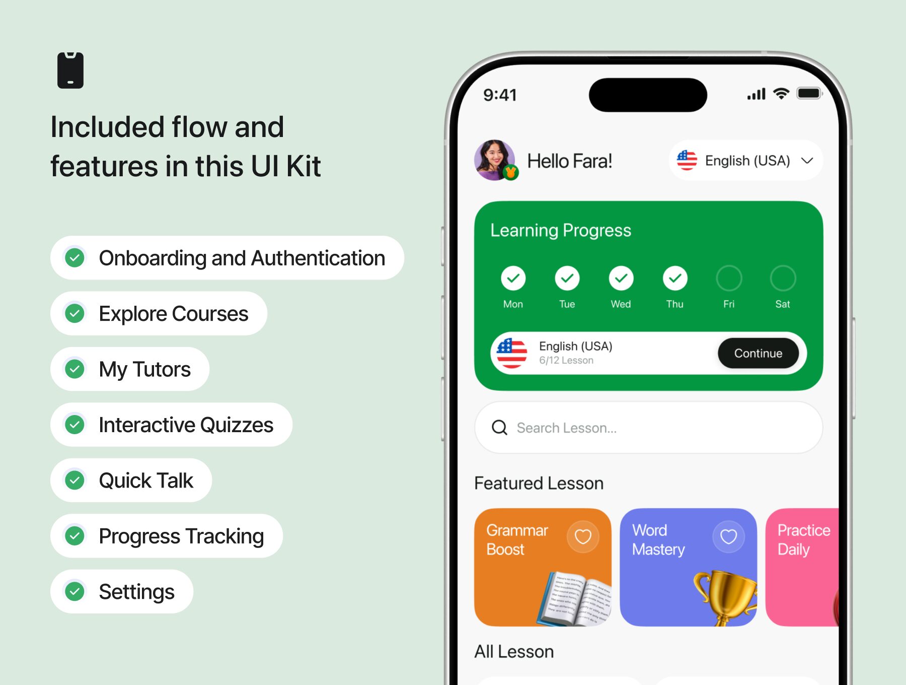 کیت رابط کاربری برنامه موبایل یادگیری زبان – Learna – Language Learning Mobile App UI Kit