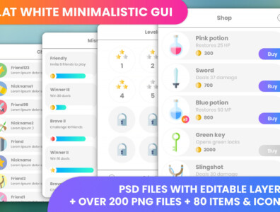 Flat white, minimalistic GUI – 4k, over 200 PNG files – رابط گرافیکی مینیمالیستی سفید تخت برای یونیتی 