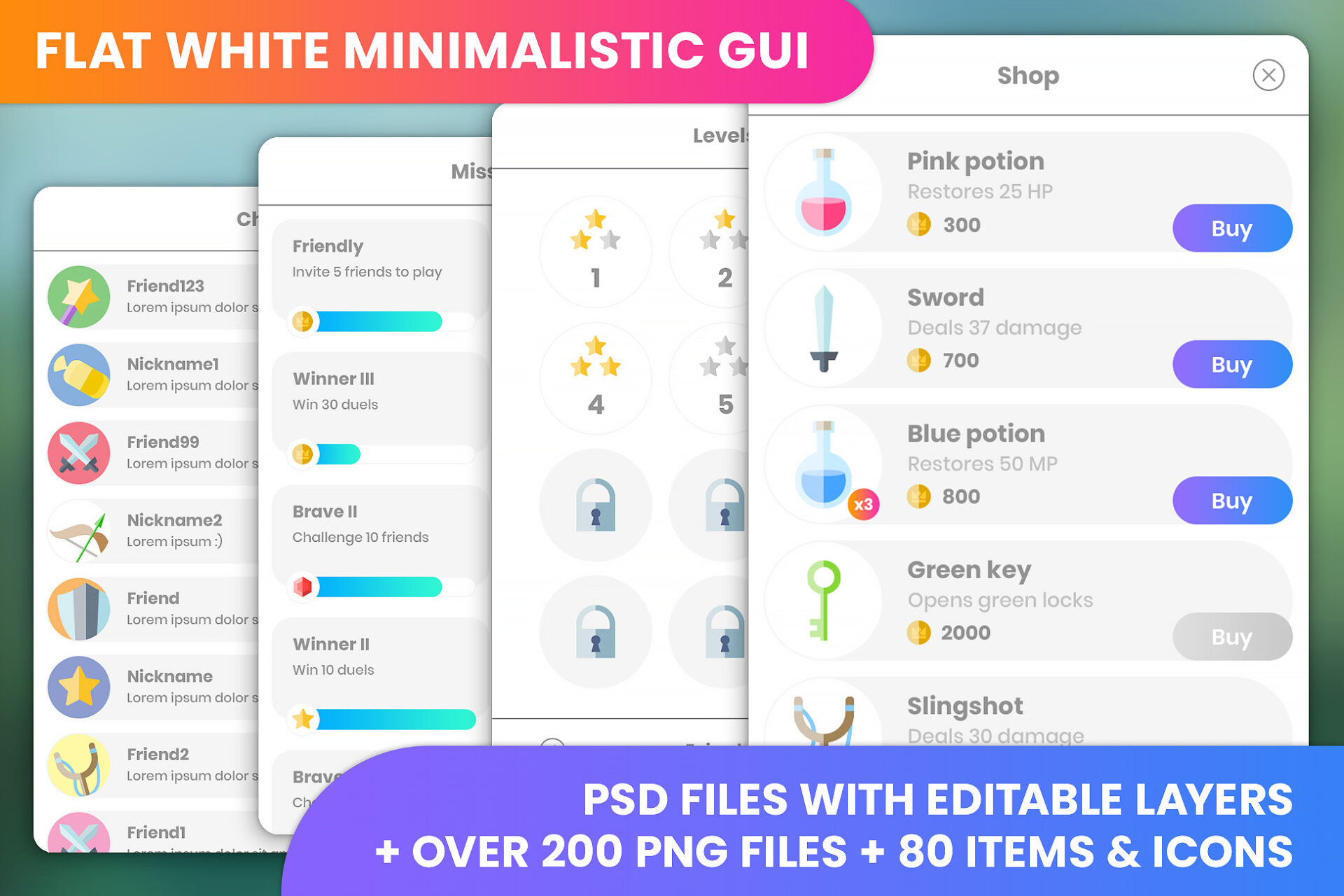 Flat white, minimalistic GUI – 4k, over 200 PNG files – رابط گرافیکی مینیمالیستی سفید تخت برای یونیتی