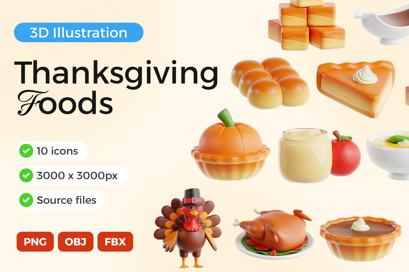 مجموعه آیکونهای سهبعدی غذا – Thanksgiving Foods 3D Icon Set